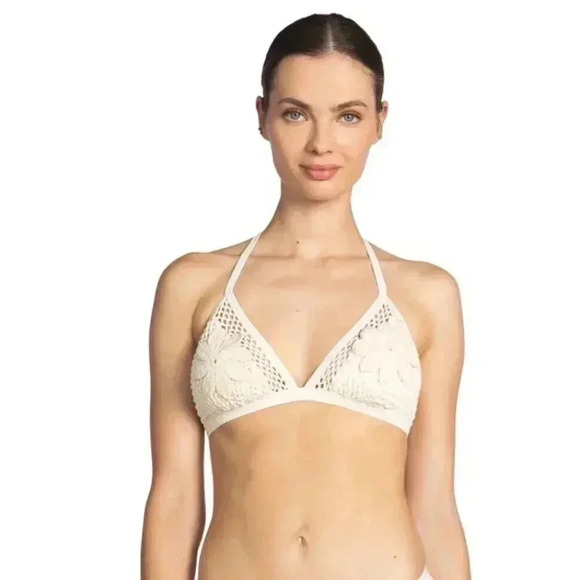 NEW Robin Piccone Pua Cream Crochet Triangle High Waisted Bikini Size Large - Picture 2 of 16